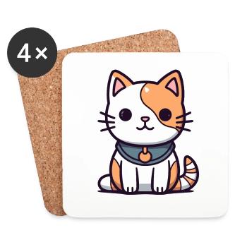 Chat - Style Kawaii - Dessous de verre (lot de 4) - blanc - Devant