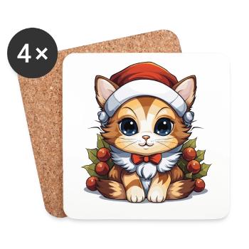 Design de Noël de chat - Style Kawaii - Dessous de verre (lot de 4) - blanc - Devant