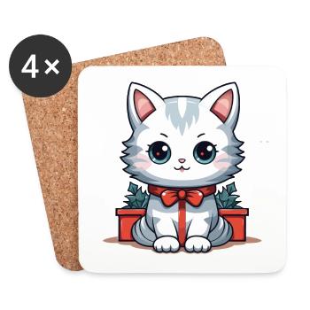 Design de Noël de chat - Style Kawaii - Dessous de verre (lot de 4) - blanc - Devant