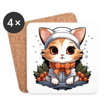 Katze Weihnachts Design - Kawaii Style - Untersetzer (4er-Set) - Weiß - Vorne