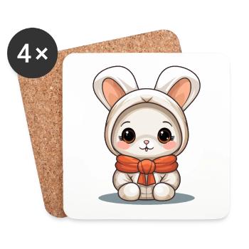 Design de Noël lapin - Style Kawaii - Dessous de verre (lot de 4) - blanc - Devant