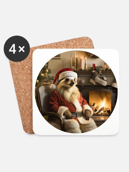 Santa Claus sloth in front of fireplace - Coasters (set of 4) - white