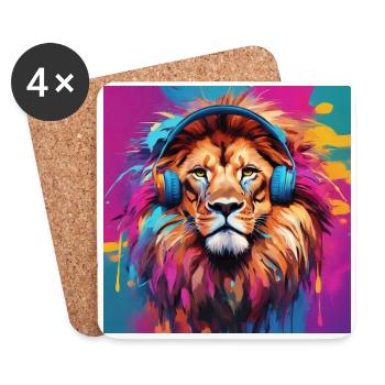 Lion avec des écouteurs - Dessous de verre (lot de 4) - blanc - Devant