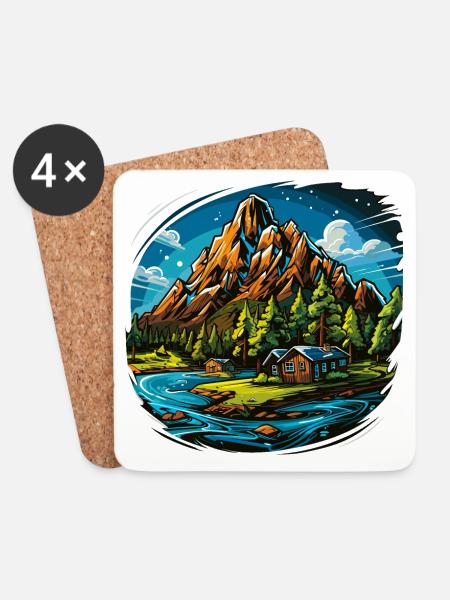 Landschaft - Illustration - Untersetzer (4er-Set) - Weiß
