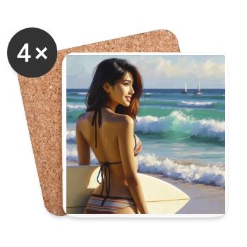 Surfeur sur la plage - Dessous de verre (lot de 4) - blanc - Devant