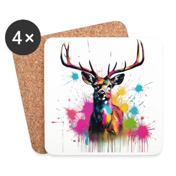 Portrait de cerf coloré - Dessous de verre (lot de 4) - blanc - Devant