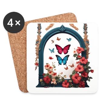 Fleurs et papillons - Dessous de verre (lot de 4) - blanc - Devant