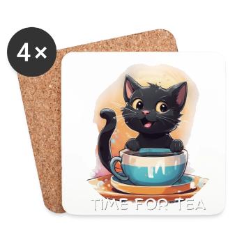 Katze mit Kaffee - Untersetzer (4er-Set) - Weiß - Vorne