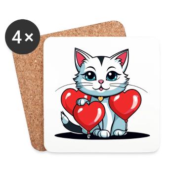Coeur de chat - Saint-Valentin - Dessous de verre (lot de 4) - blanc - Devant