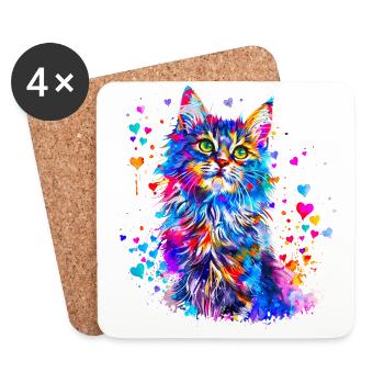 Cute Cat with Hearts - Coasters (set of 4) - white - Front