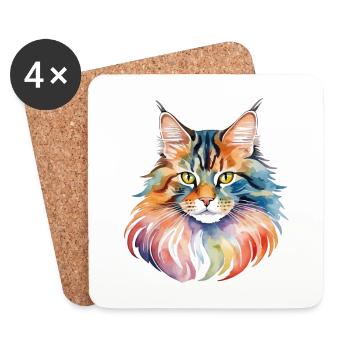 Maine Coon Wasserfarben - Untersetzer (4er-Set) - Weiß - Vorne