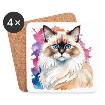 Aquarelles de chat de Birmanie - Dessous de verre (lot de 4) - blanc - Devant