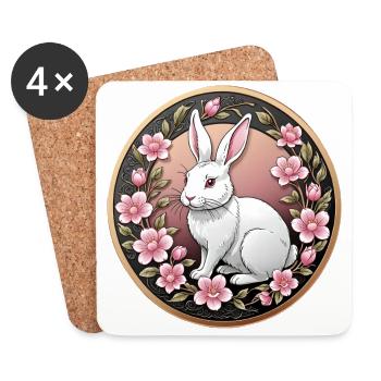 Pièce de monnaie fantaisie lapin blanc parmi les fleurs roses - Dessous de verre (lot de 4) - blanc - Devant