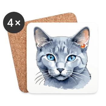 Chat bleu russe Aquarelle - Dessous de verre (lot de 4) - blanc - Devant