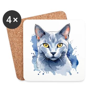 Chat bleu russe Aquarelle - Dessous de verre (lot de 4) - blanc - Devant