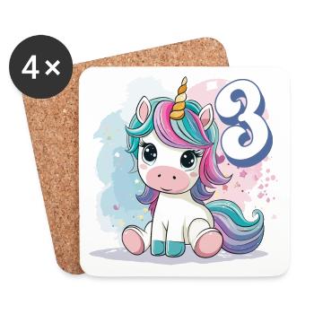 3ème anniversaire Licorne Arc-en-ciel Mignon Mignon - Dessous de verre (lot de 4) - blanc - Devant