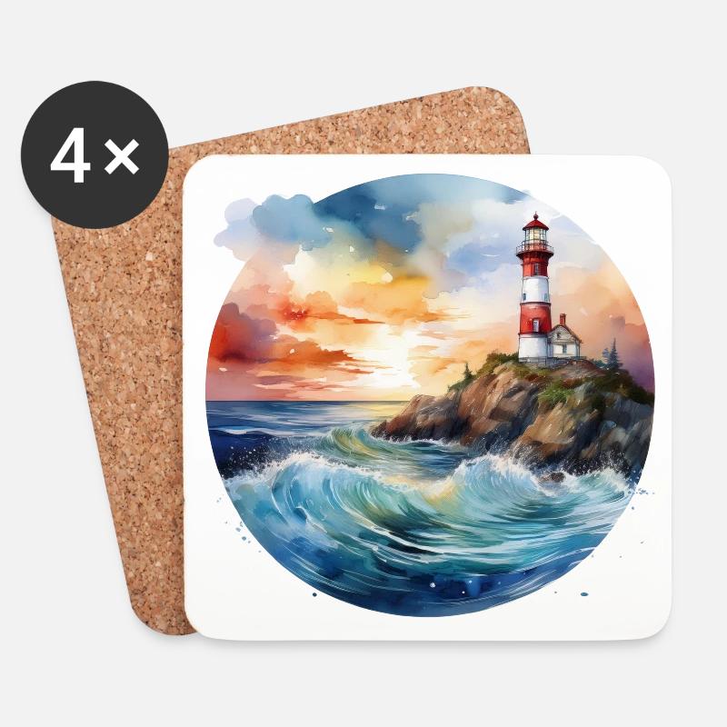 Majestätischer Leuchtturm bei Sonnenuntergang mit tosenden Wellen - Untersetzer (4er-Set) - Weiß