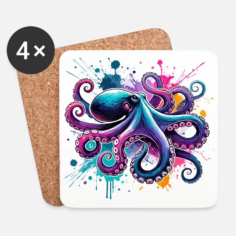 Bunter Aquarell-Oktopus - Untersetzer (4er-Set) - Weiß