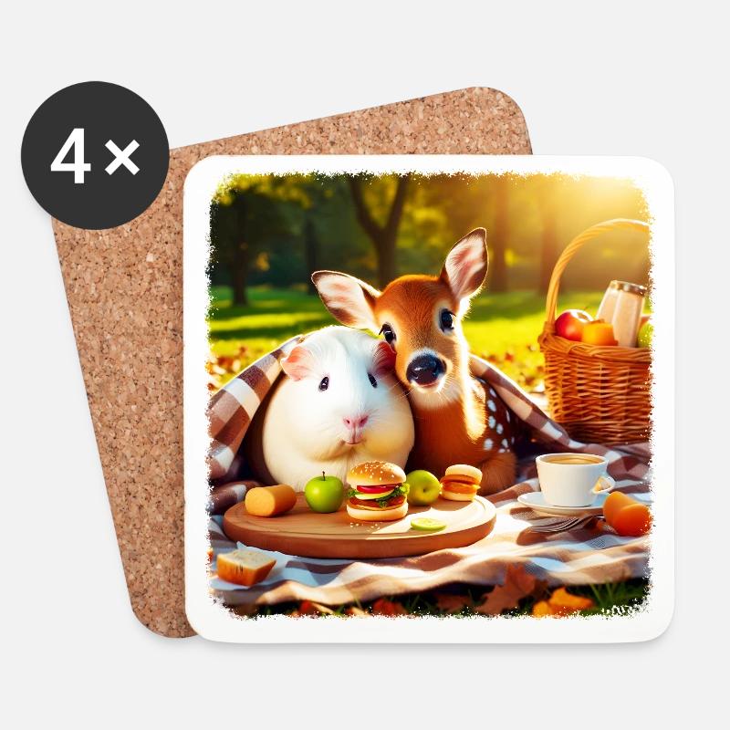 Picknickfreunde - Meerschweinchen & Rehkitz - Untersetzer (4er-Set) - Weiß