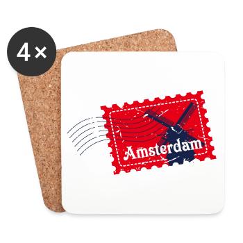 Badge de timbre souvenir voyage Amsterdam Pays-Bas - Dessous de verre (lot de 4) - blanc - Devant