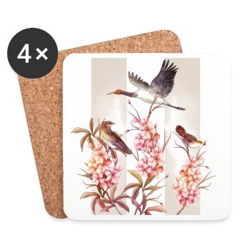Asian Flowers Birds Watercolor - Coasters (set of 4) - white - Front