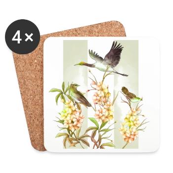 Asian Flowers Birds Watercolor - Coasters (set of 4) - white - Front