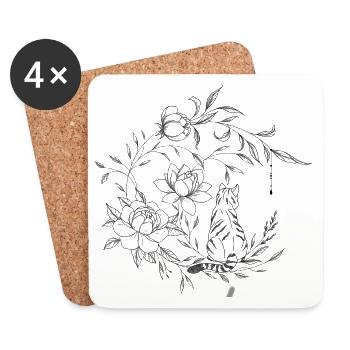 Chat assis sur une lune florale, composition flora - Dessous de verre (lot de 4) - blanc - Devant