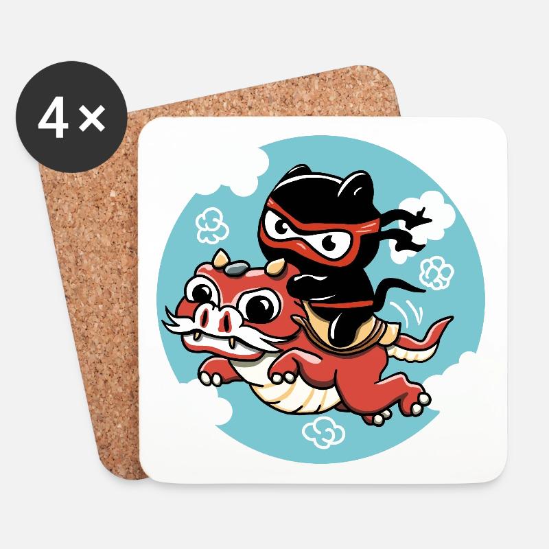 Kawaii Ninja Katze reitet auf einem roten Drachen - Untersetzer (4er-Set) - Weiß
