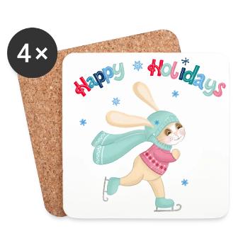 Hase beim Eislaufen: Fröhliche Winterzeit - Untersetzer (4er-Set) - Weiß - Vorne