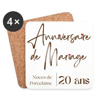 Anniversaire de mariage 20 ans Noces de Porcelaine - Dessous de verre (lot de 4) - blanc - Devant