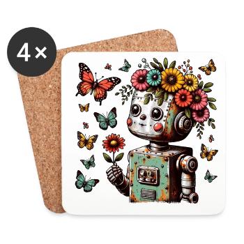 Robot child with flowers, cute, vintage - Coasters (set of 4) - white - Front