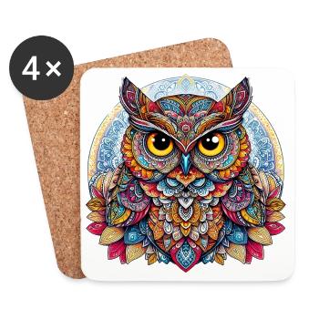 Hibou décoré de Mandalas - Dessous de verre (lot de 4) - blanc - Devant