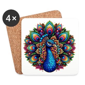 Pfau mit Mandalas verziert - Untersetzer (4er-Set) - Weiß - Vorne