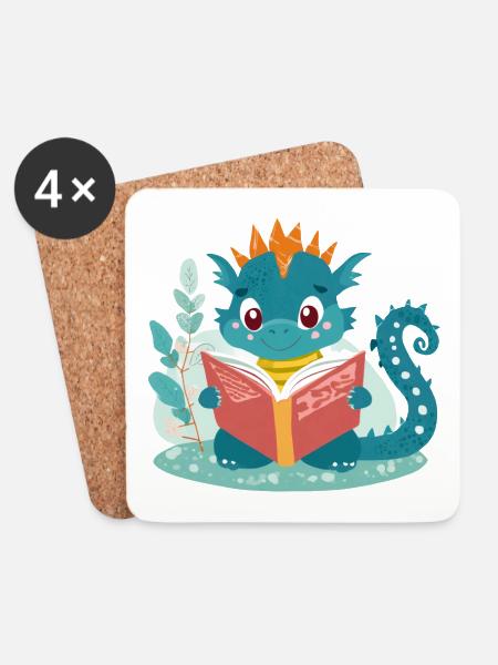 Kleiner Drache mit Buch - Untersetzer (4er-Set) - Weiß