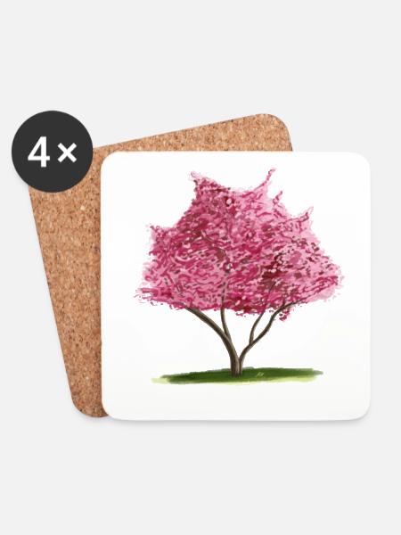 Pink Blossom Tree Watercolour - Coasters (set of 4) - white