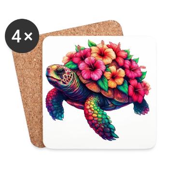 Turtle with Hibiscus Flowers - Coasters (set of 4) - white - Front