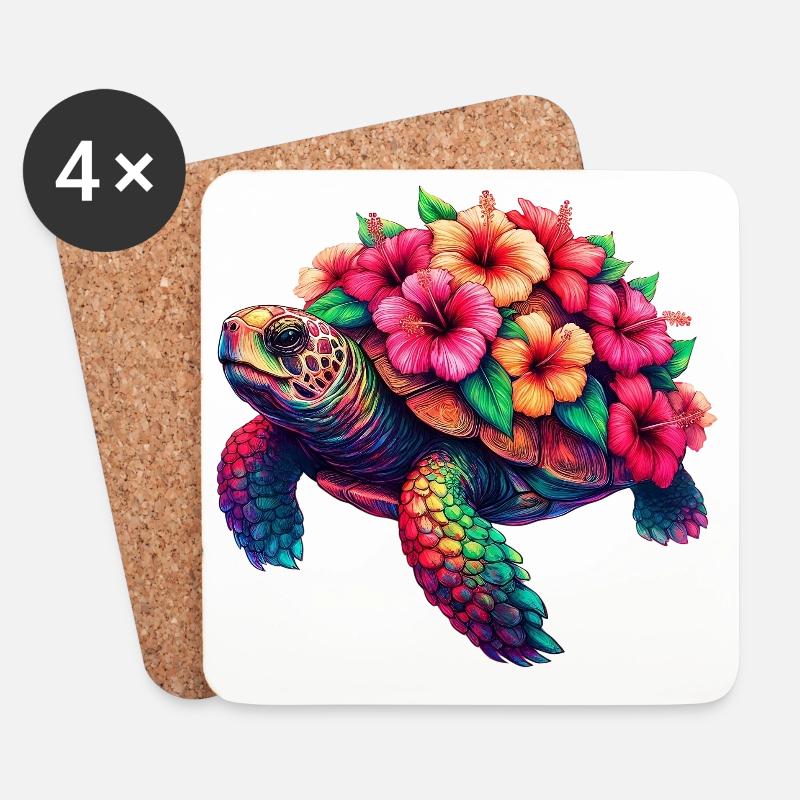 Schildkröte mit Hibiskusblüten - Untersetzer (4er-Set) - Weiß