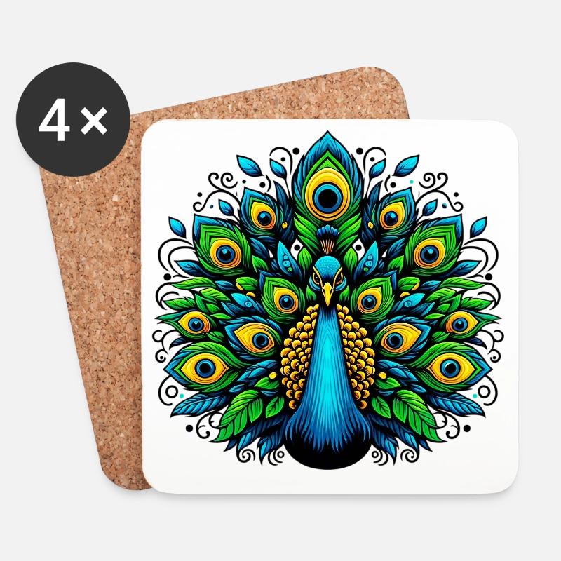 Pfau - Untersetzer (4er-Set) - Weiß