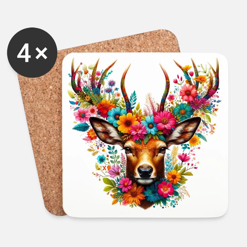 Hirsch mit Blumen geschmückt - Untersetzer (4er-Set) - Weiß
