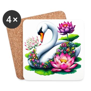 Cygne décoré de fleurs de lotus - Dessous de verre (lot de 4) - blanc - Devant