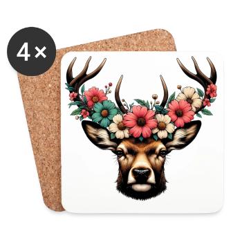 Hirsch mit Blumen - Untersetzer (4er-Set) - Weiß - Vorne