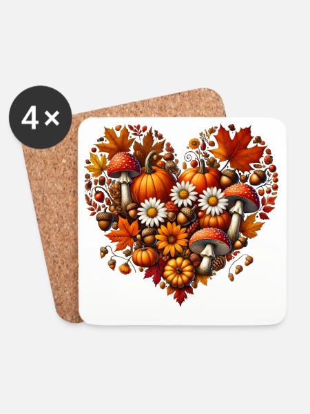Heart, filled with pumpkins, mushrooms and autumn leaves - Coasters (set of 4) - white