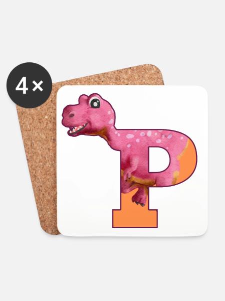 P - DINOSAURIER, Personalisierbar - Untersetzer (4er-Set) - Weiß