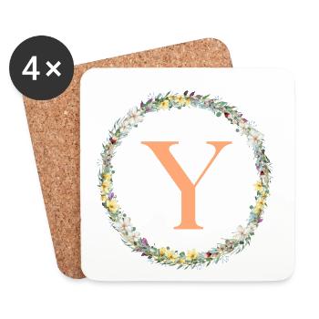 Monogramme Y, Couronne de fleurs, Personnalisable - Dessous de verre (lot de 4) - blanc - Devant