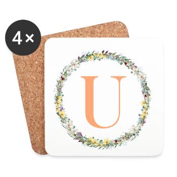 U Monogram, Couronne de fleurs, Personnalisable - Dessous de verre (lot de 4) - blanc - Devant