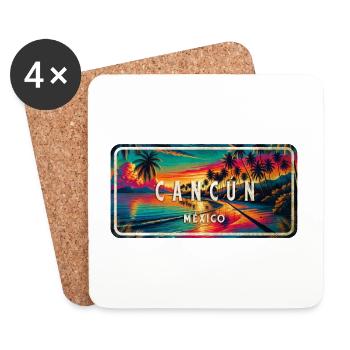 Cancun, Mexique, Coucher de soleil Design - Dessous de verre (lot de 4) - blanc - Devant
