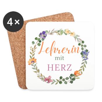 Lehrerin mit Herz -Blumen-Kranz-personalisiert - Untersetzer (4er-Set) - Weiß - Vorne