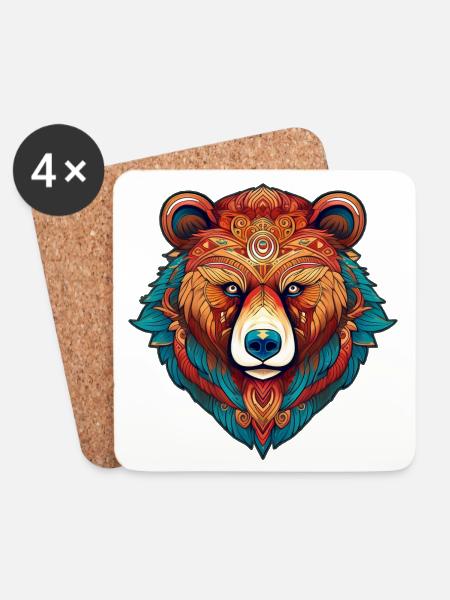 Colorful Tribal Bear Head - Coasters (set of 4) - white