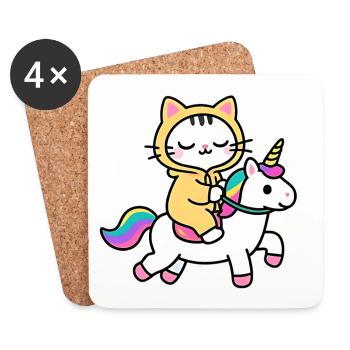 Chat sur une licorne arc en ciel - Dessous de verre (lot de 4) - blanc - Devant