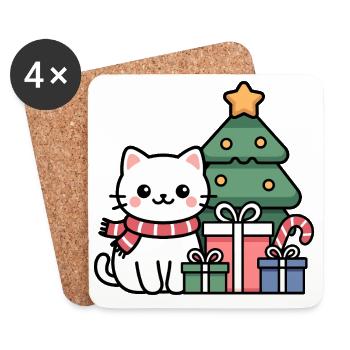 Chat de Noël Kawaii avec des cadeaux - Dessous de verre (lot de 4) - blanc - Devant